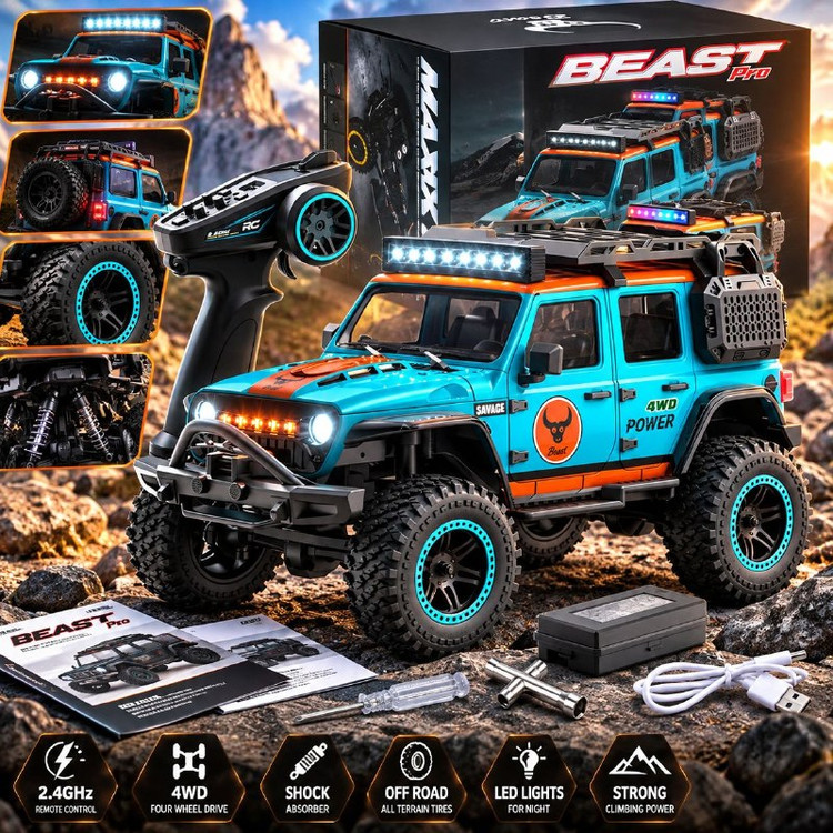 ماشین کنترلی جیپ آفرود Beast Pro آبی و نارنجی با لاستیکهای بزرگ و چراغ LED