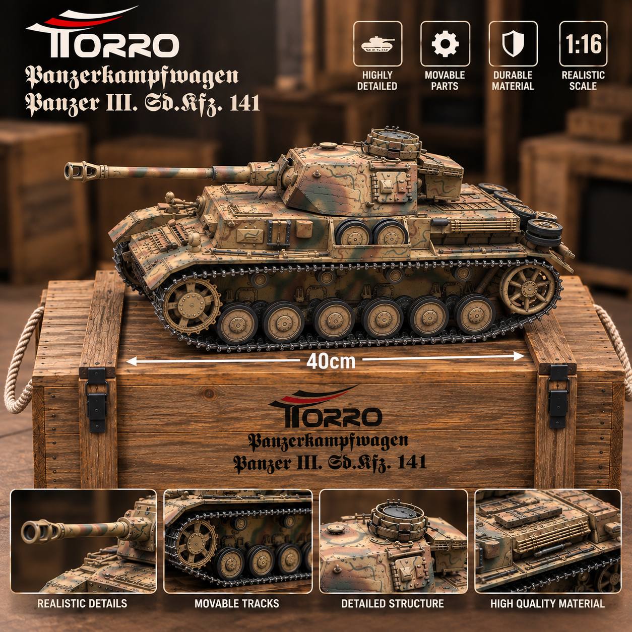 تانک کنترلی توررو Panzer III با رنگ استتاری و شنی‌های متحرک